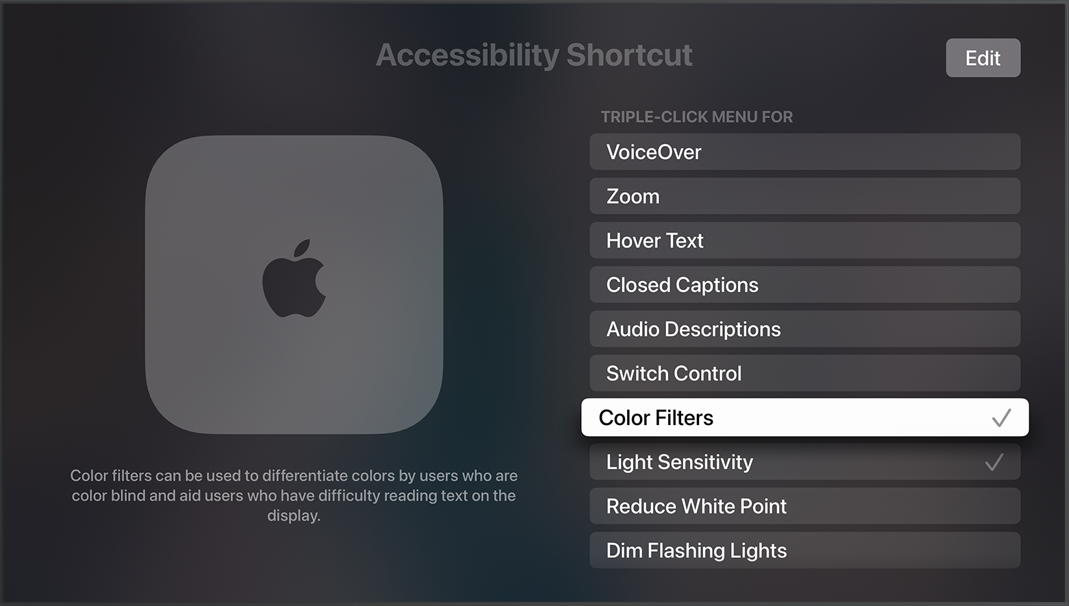 La opción Filtros de color aparece seleccionada en el menú Función rápida accesibilidad