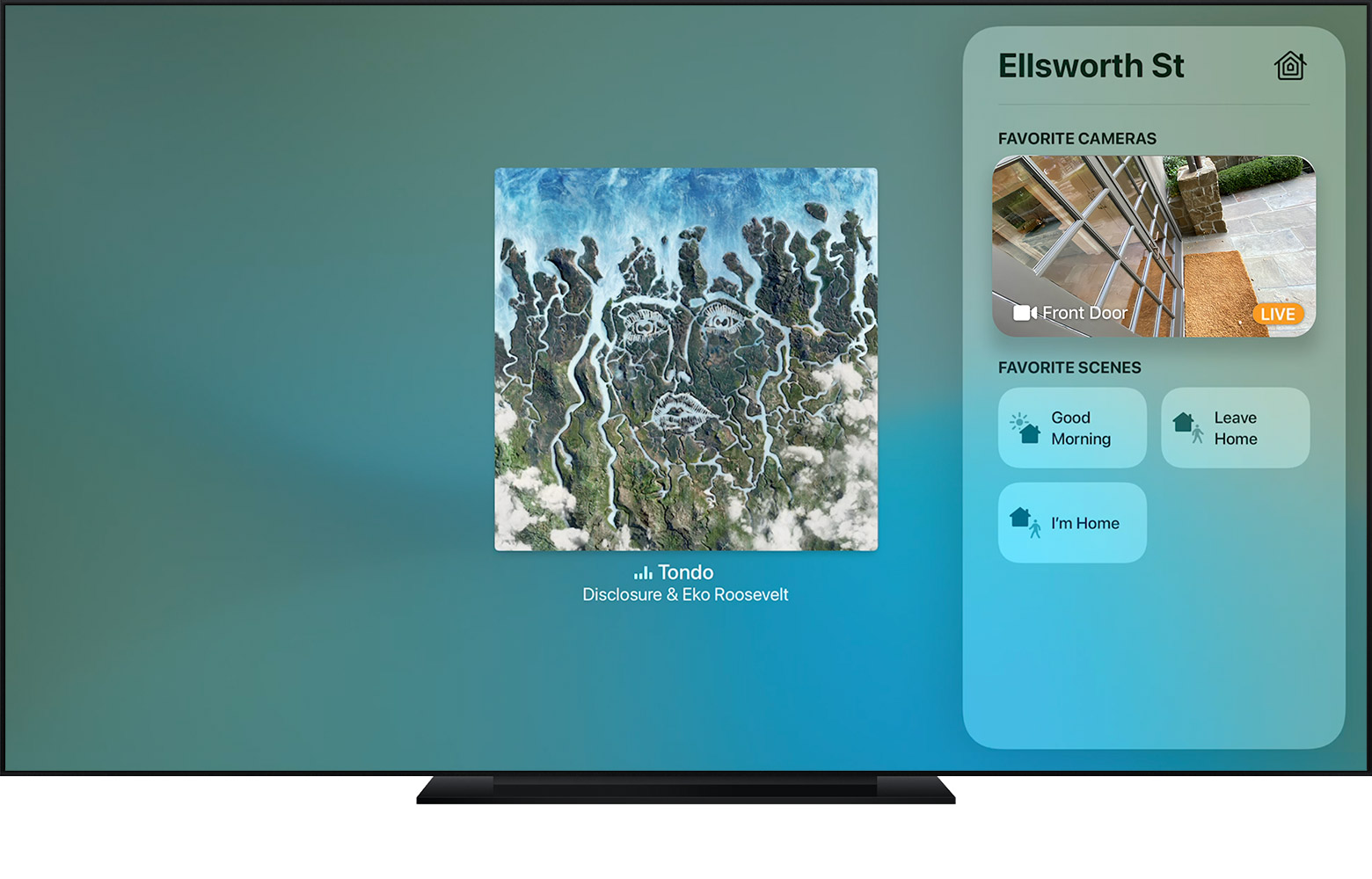 tvOs shows Control Center with a live camera view of the front door.