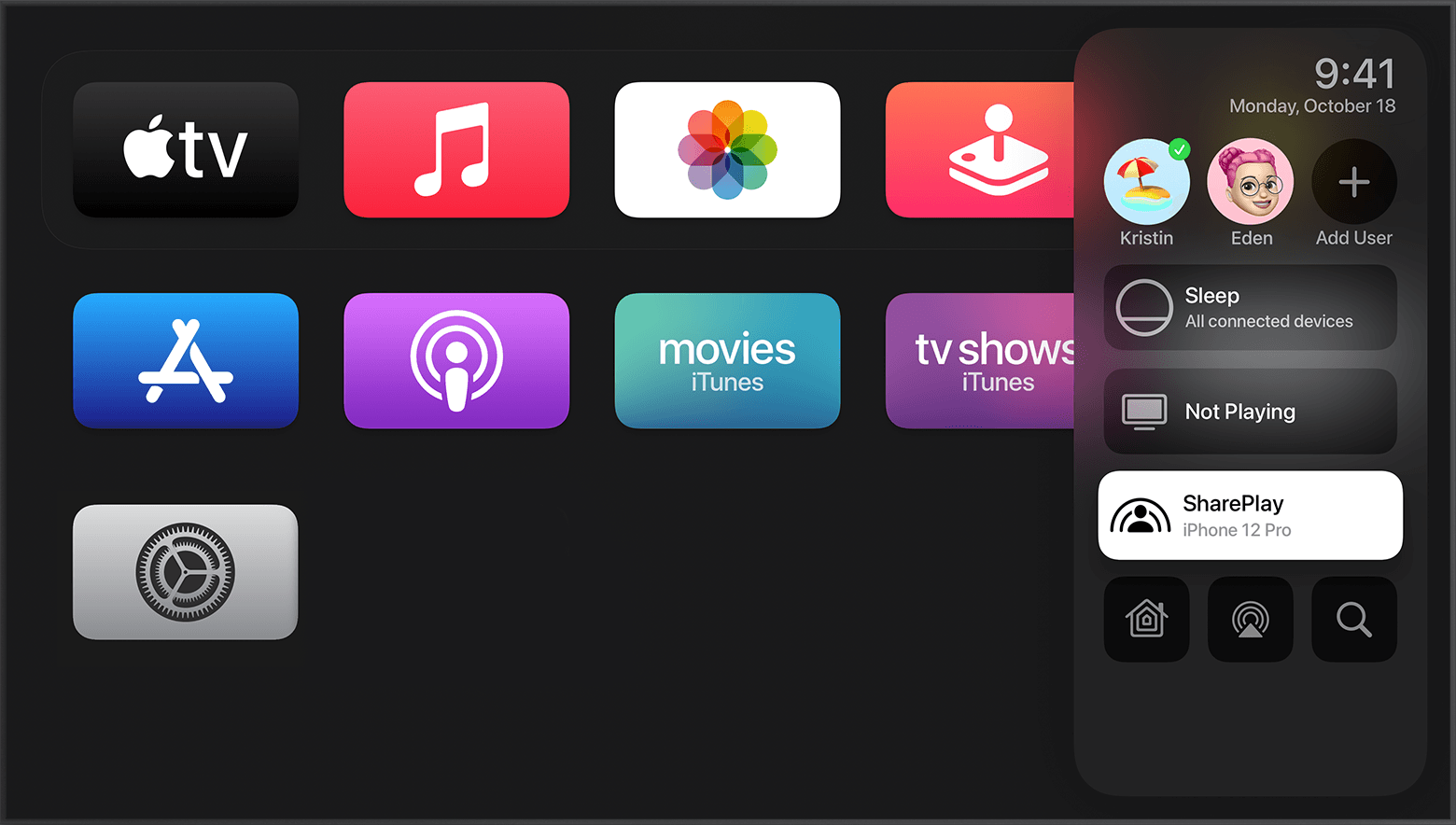 tvOS screenshot showing Control Center and the option to SharePlay. 