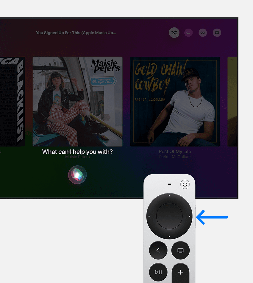 Rodyklė, nukreipta į „Apple TV“ valdiklio mygtuką „Siri“