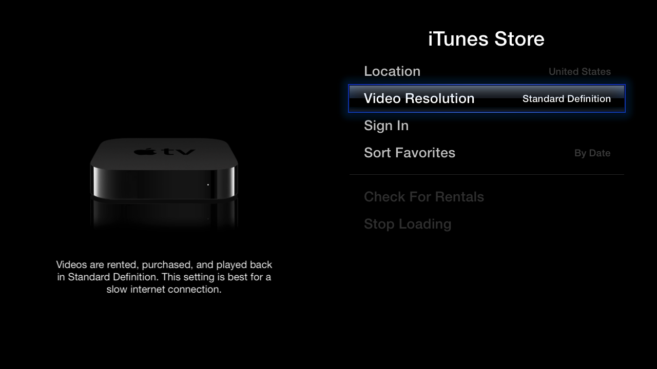 ITunes Store Settings showing Video Resolution set to Standard Definition