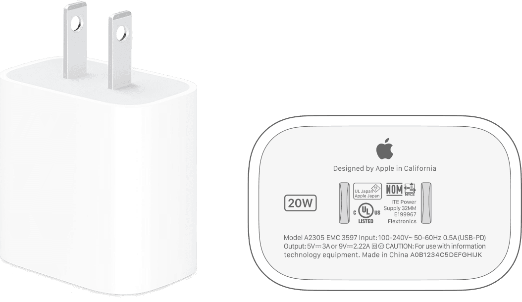 Apple lichtnetadapter waarop de wattage wordt weergegeven