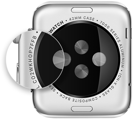Número de serie en la parte posterior del Apple Watch.