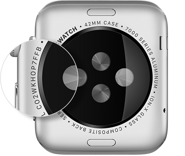 Numero di serie sul retro dell'Apple Watch.