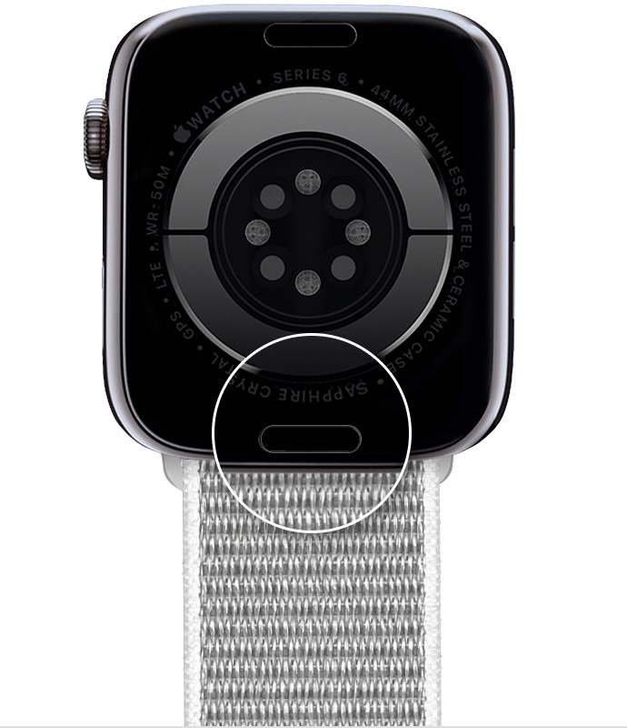Il tasto di rilascio del cinturino sul retro dell'Apple Watch.