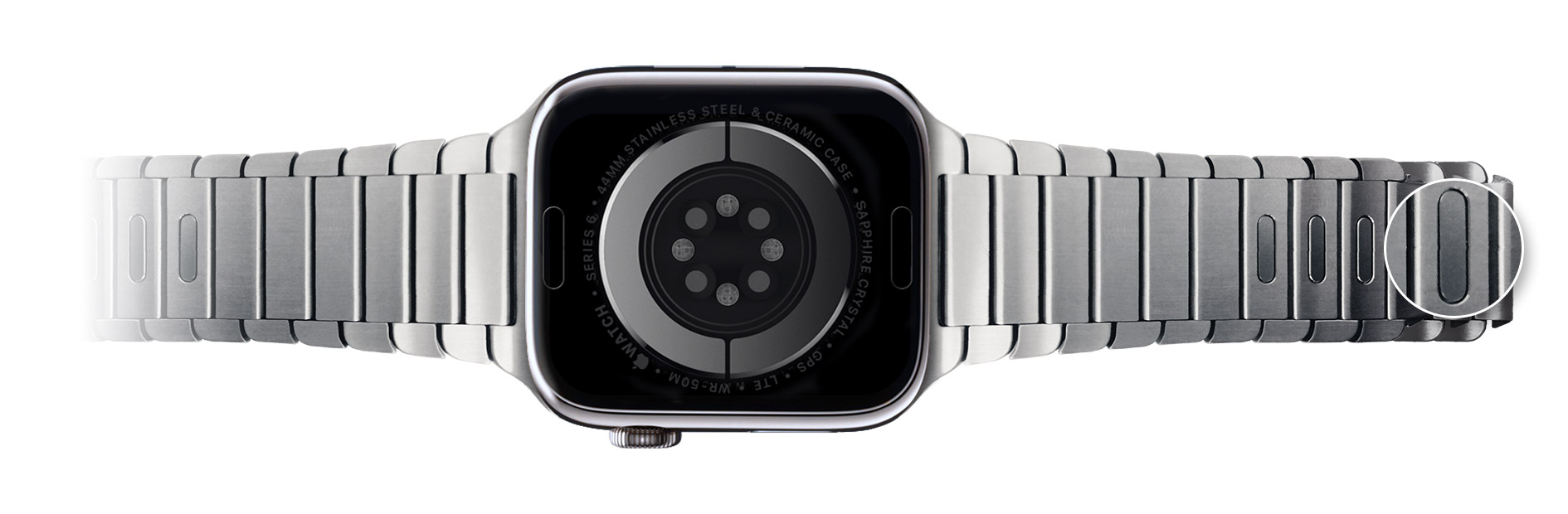 Apple Watch 밴드 링크의 빠른 분리 버튼. 