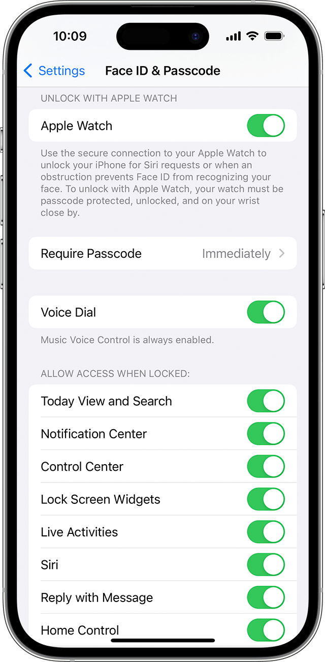 iOS screenshot showing Face ID & Passcode setting options.