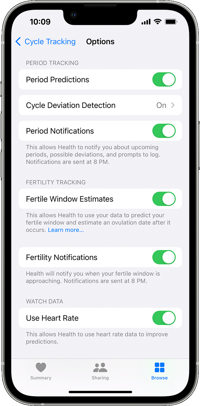 Cycle tracking options for period and fertility tracking notifications on iPhone