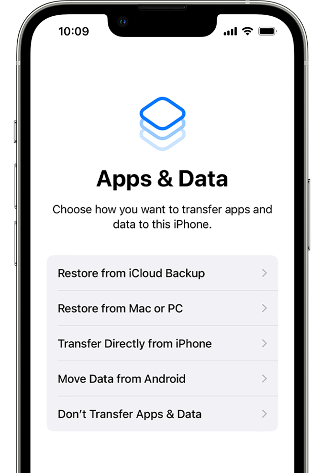 Uygulamalar ve Veriler kurulum ekranını gösteren iPhone