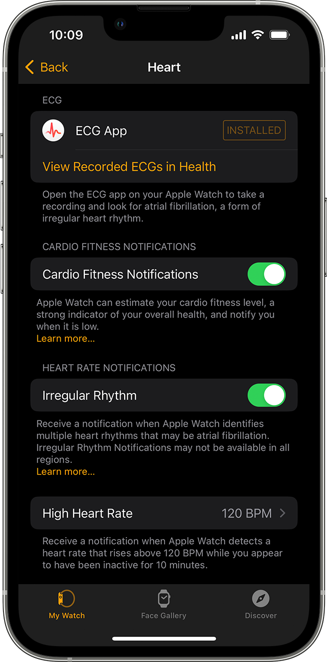 Heart settings on iPhone.