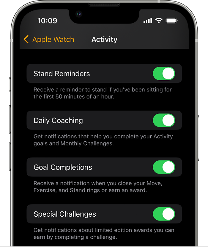 An iPhone screen showing the options for Activity notifications and reminders