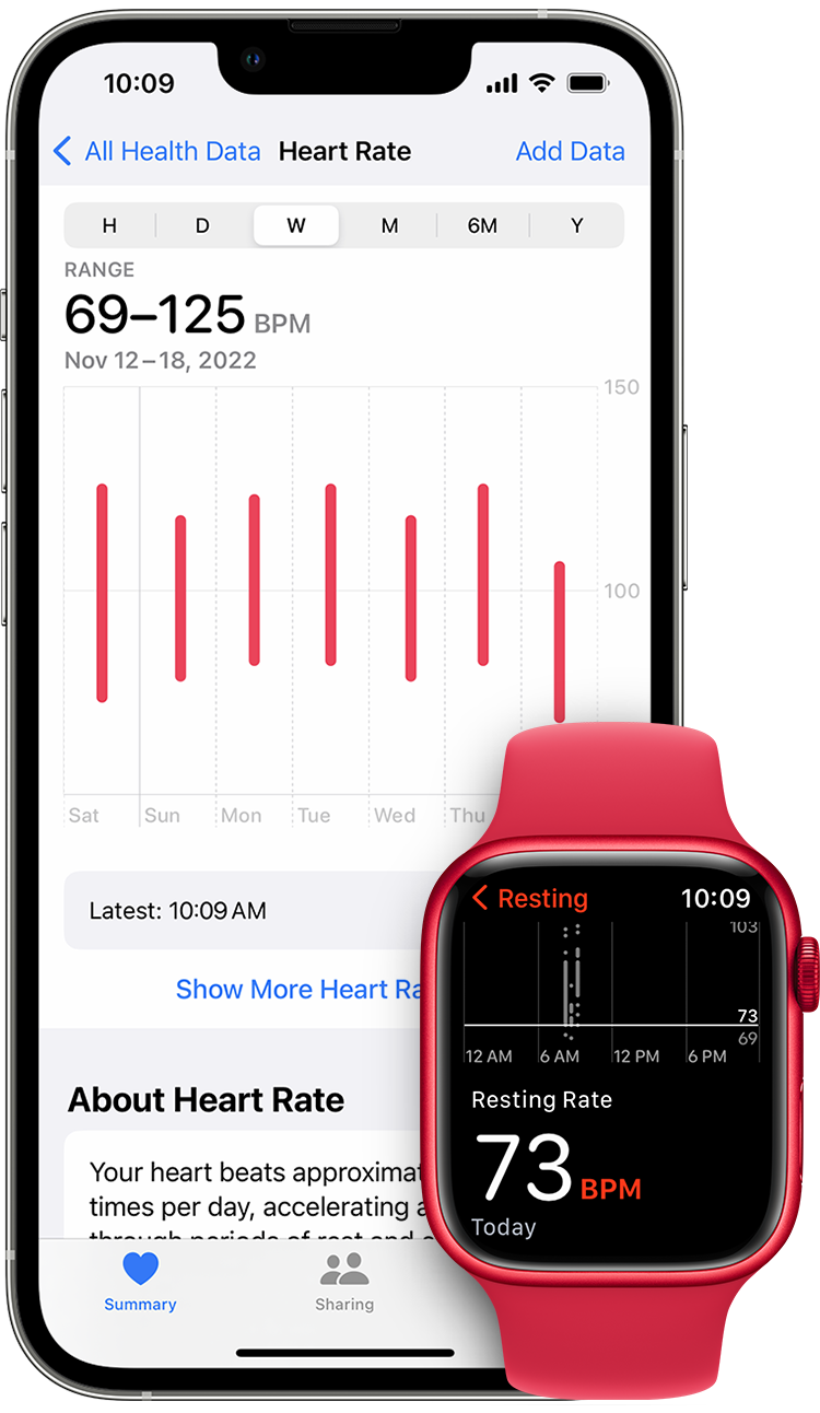 Heart measurements in the Health app on iPhone and resting heart rate in app on Apple Watch