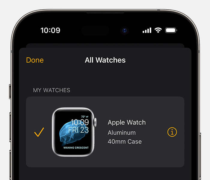 Selecciona un reloj en la app Apple Watch