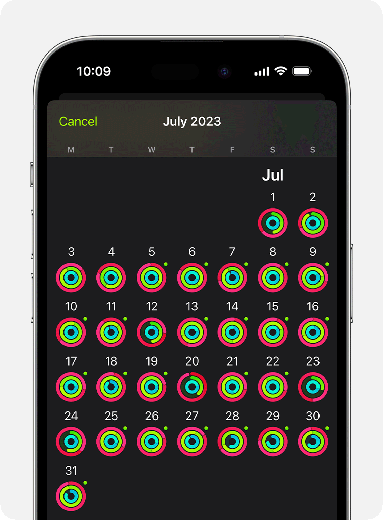 Un écran d’iPhone affichant le résumé global de l’activité pour le mois