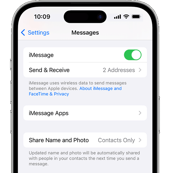iPhone Settings app showing various settings for Messages