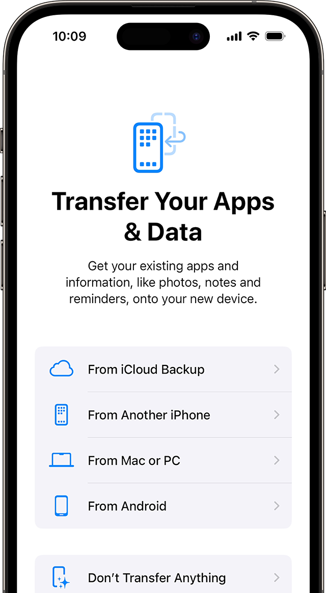 iPhone showing Apps & Data setup screen