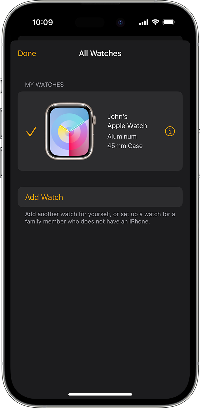 Info button next to the Apple Watch in iOS Apple Watch app