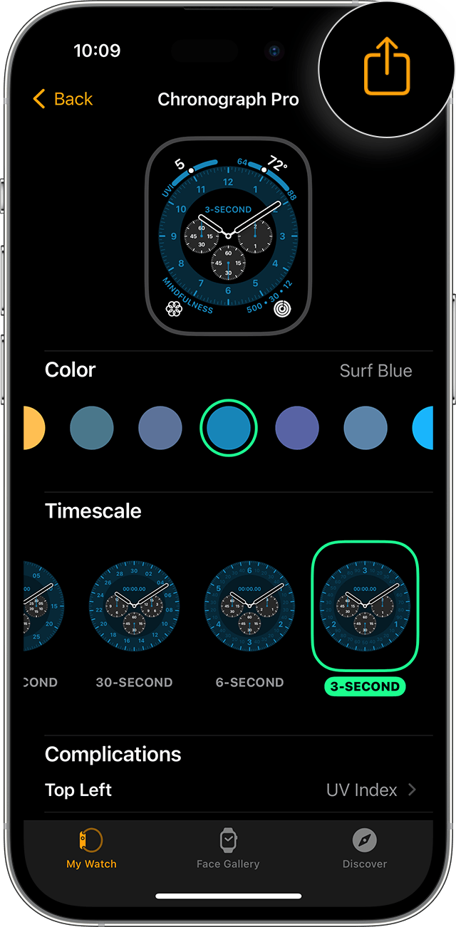 iPhone Watch app showing the Share button on the watch face selection