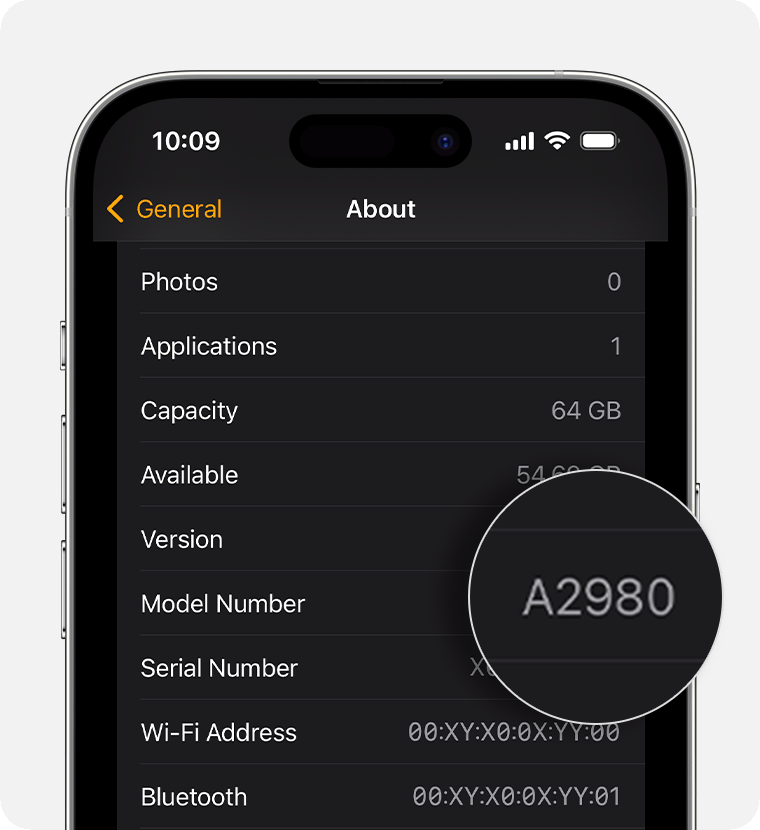 iPhone présentant l’écran Informations et le numéro de modèle du produit