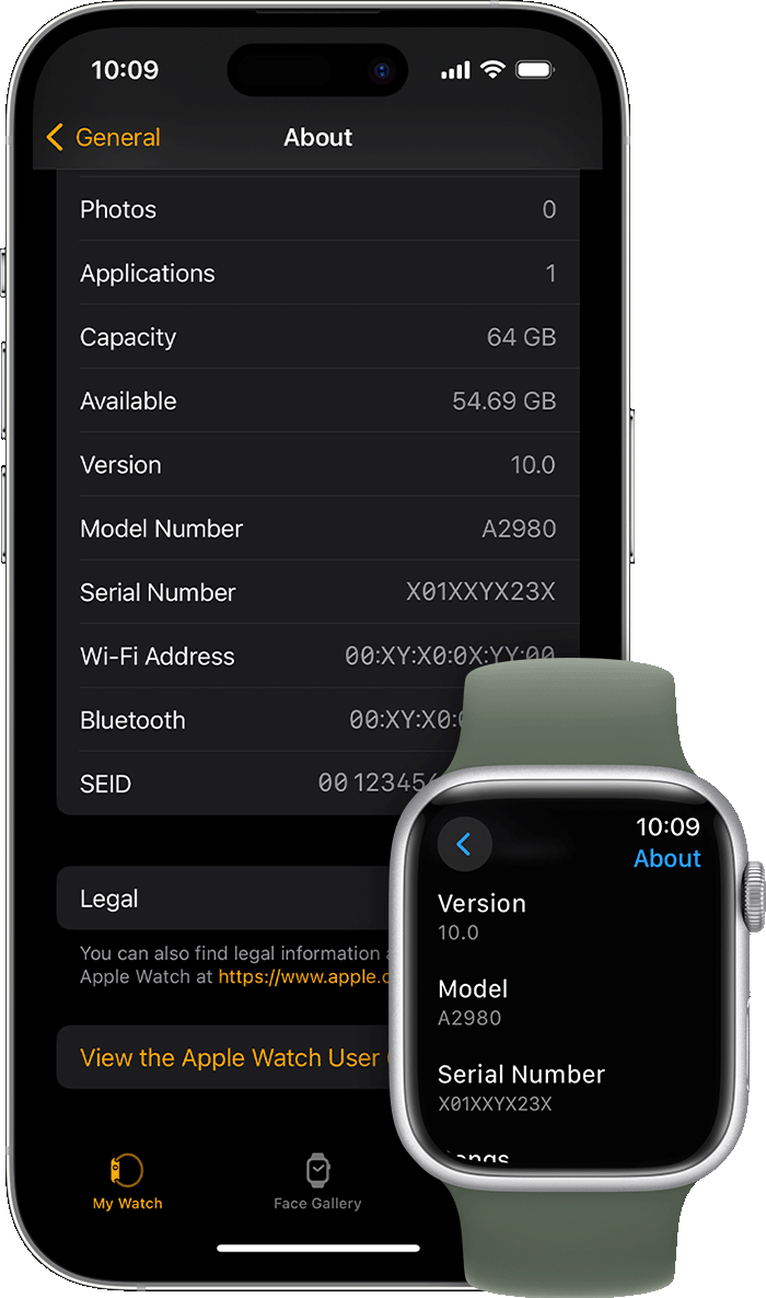iPhone and Apple Watch showing the About screen and Serial Number