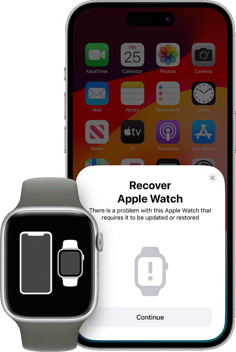 Apple Watch screen showing a iPhone and Apple Watch and iPhone screen with Recover Apple Watch message