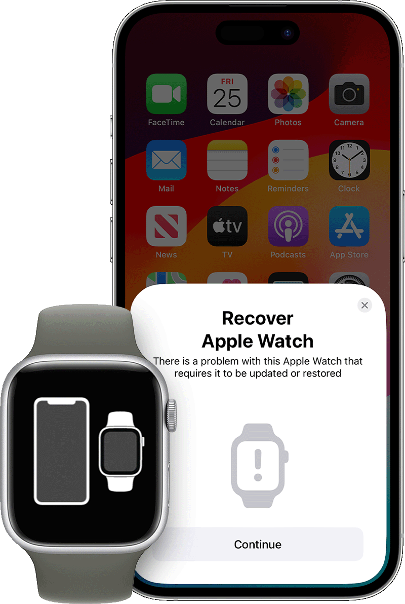 Apple Watch に iPhone と Apple Watch のアイコンまたは赤い「!」が