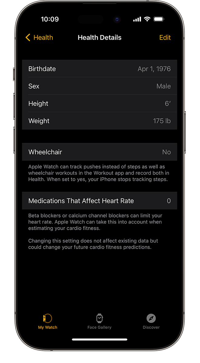 Helseprofil på iPhone som viser fødselsdato, høyde og mer.