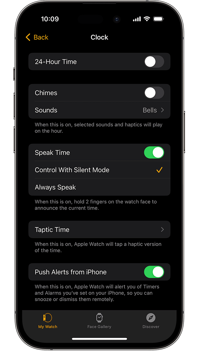 Apple Watch Clock settings on iPhone.