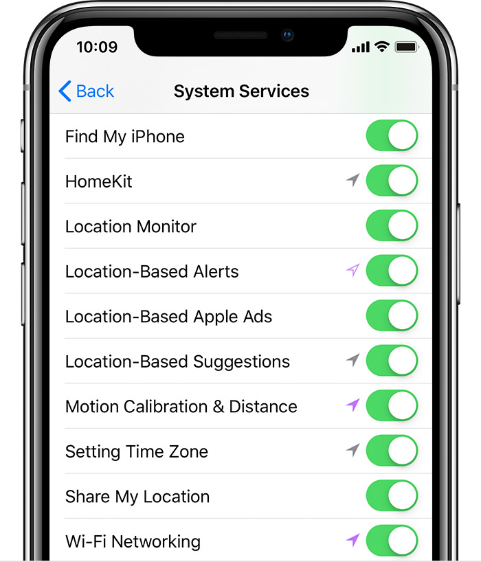 System Services screen on iPhone.