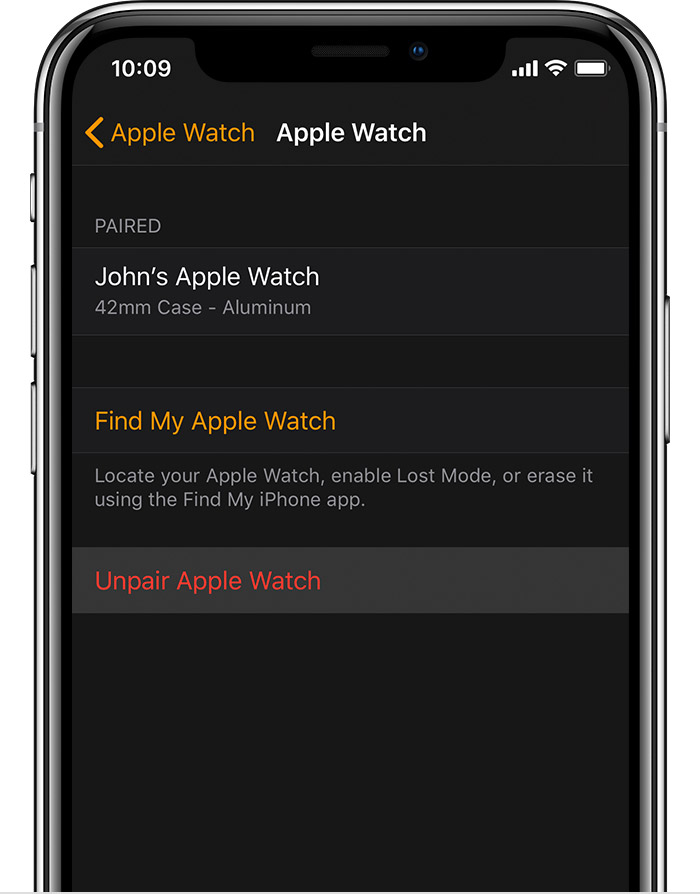 Apple Watch screen on iPhone showing details for John's Aluminum Apple Watch.