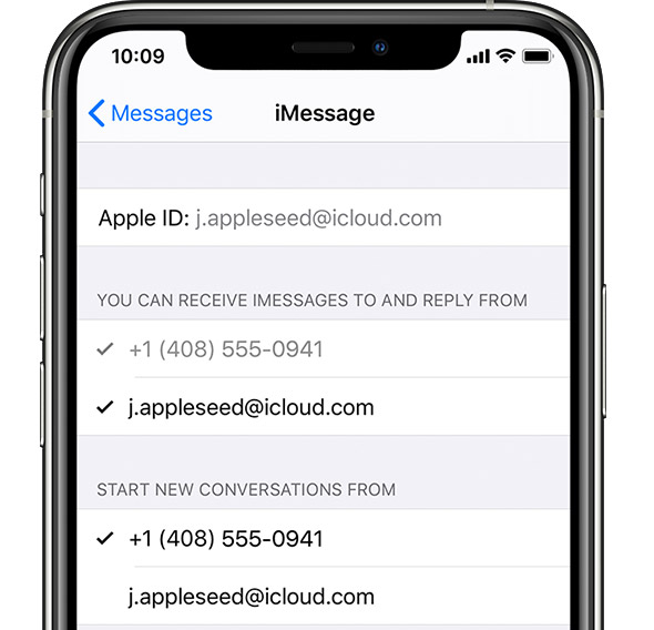 John Appleseed signed in to iMessage with Apple ID.