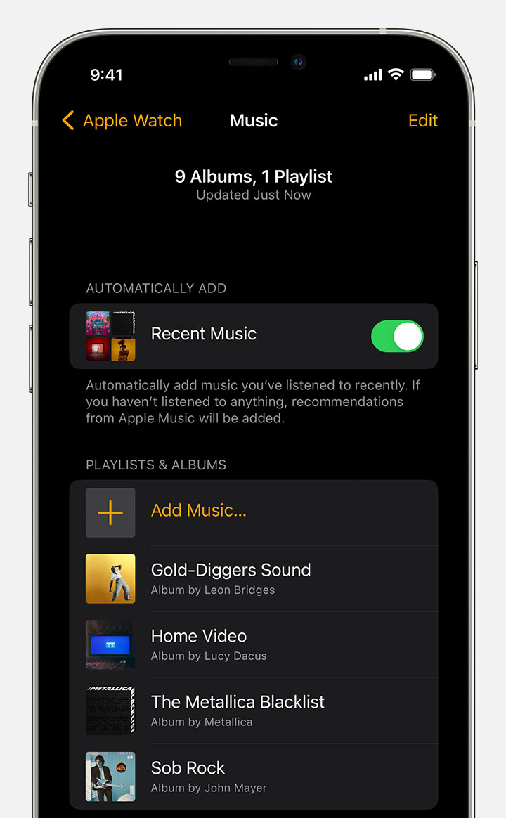 The Apple Watch app on iPhone shows playlists and albums that you can add.
