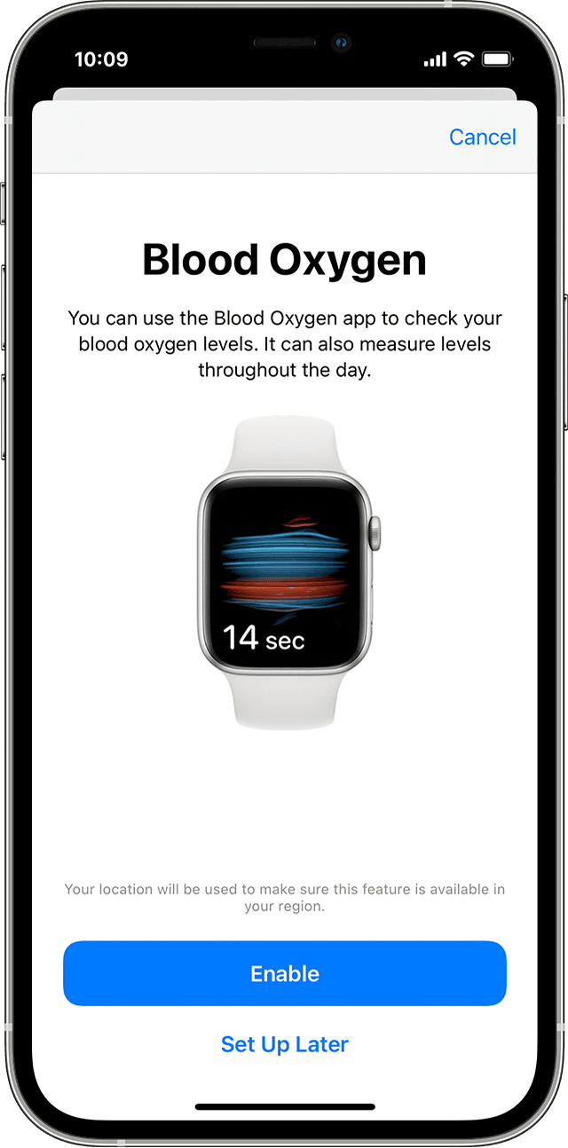 „iPhone“ įrenginys, kuriame rodomas programos „Blood Oxygen“ pradinės sąrankos ekranas.