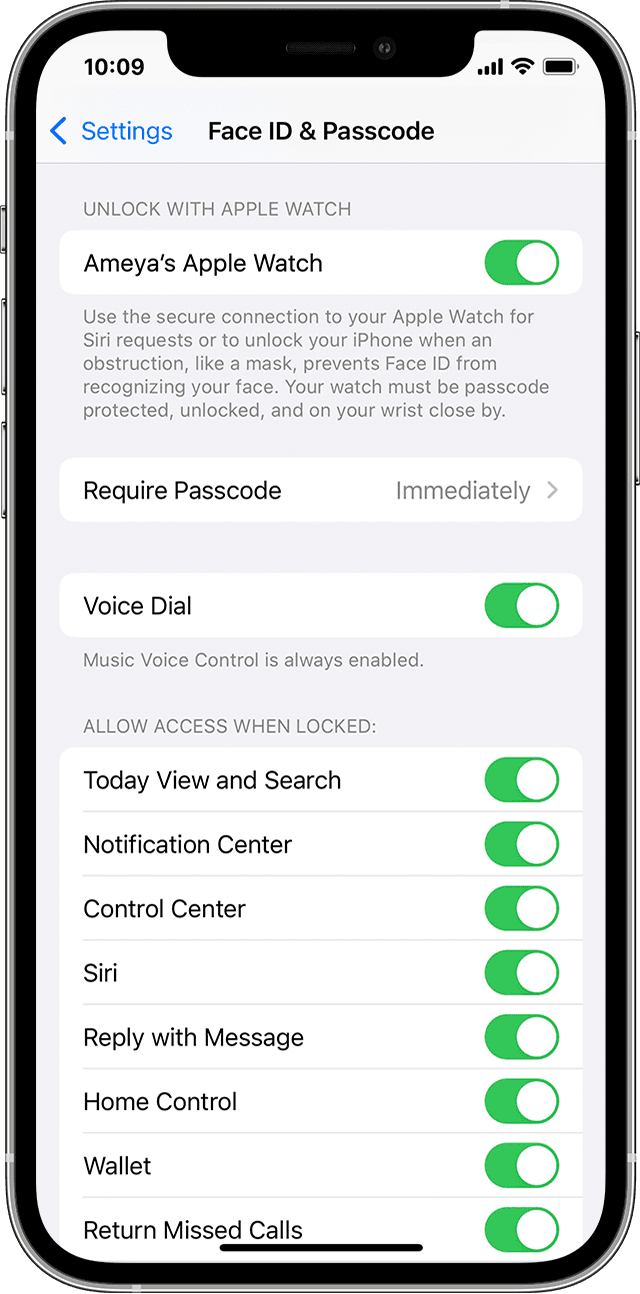 iOS screenshot showing Face ID & Passcode setting options.
