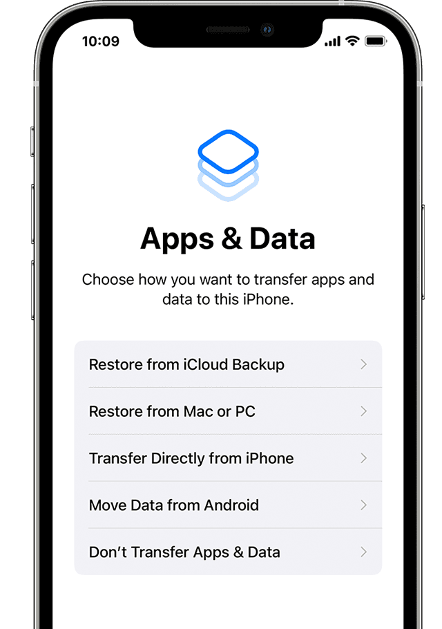 iPhone showing Apps & Data setup screen