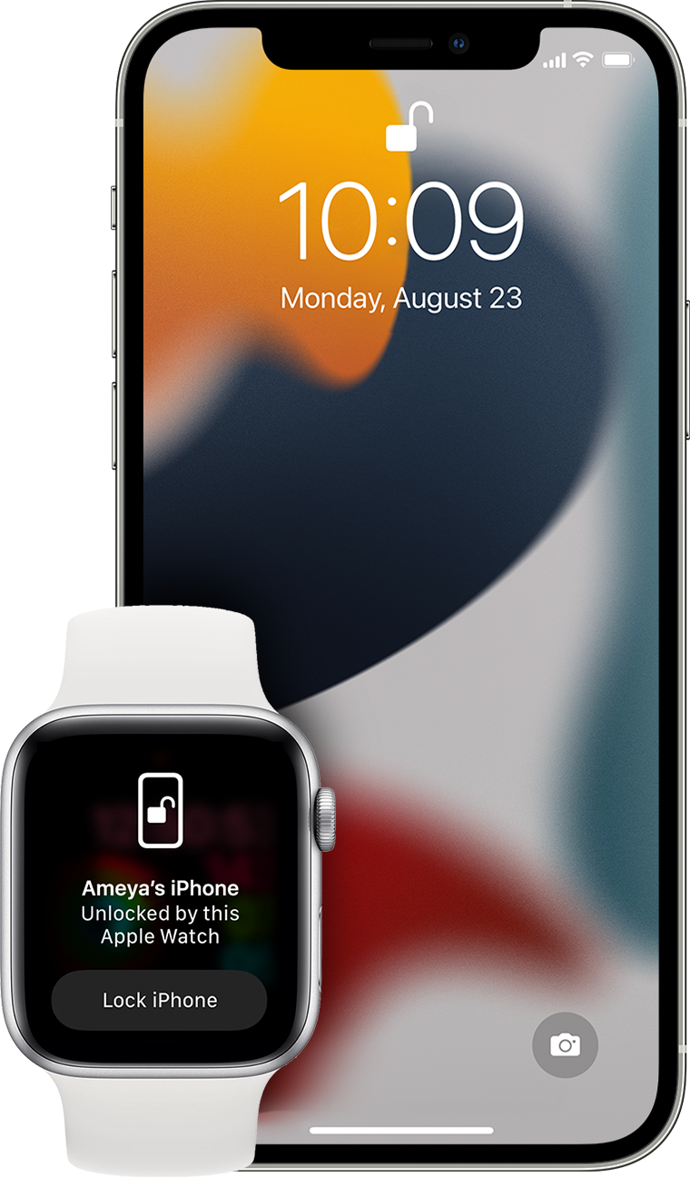 iPhone and Apple Watch showing screens to unlock