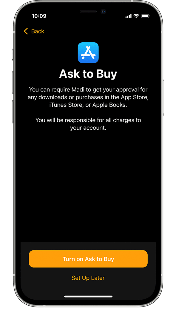 The Ask to Buy option during Apple Watch setup on an iPhone.