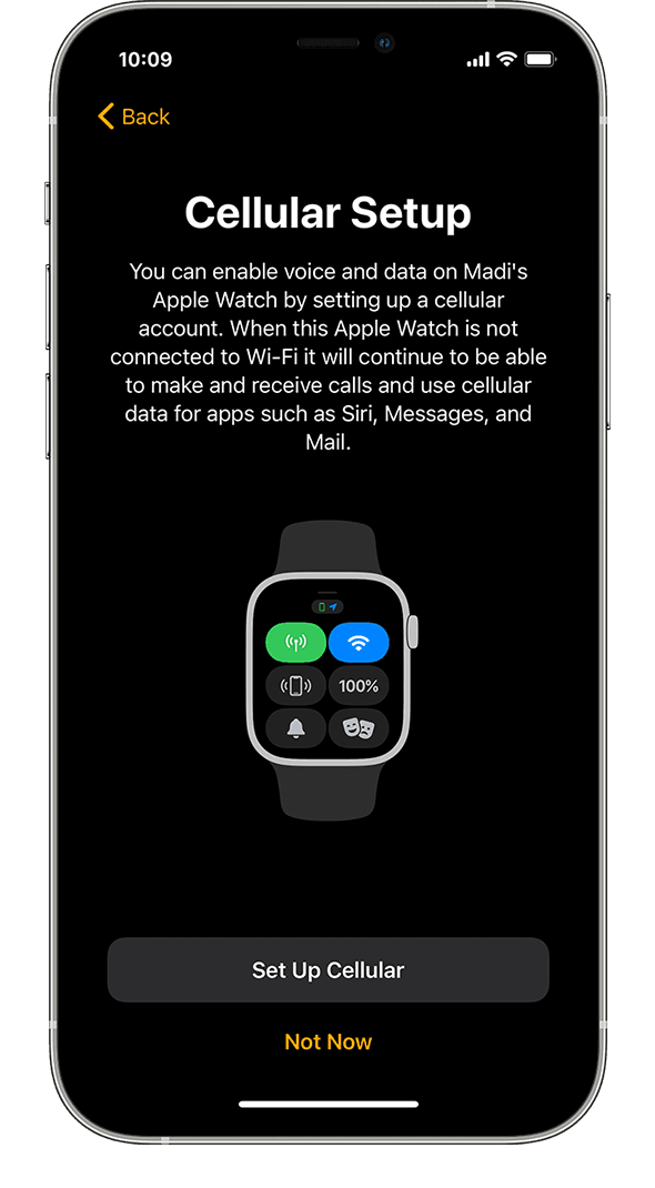 The Cellular Setup screen during Apple Watch setup on an iPhone.