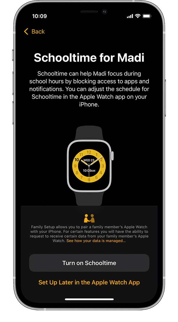 The Schooltime option during Apple Watch setup on an iPhone.