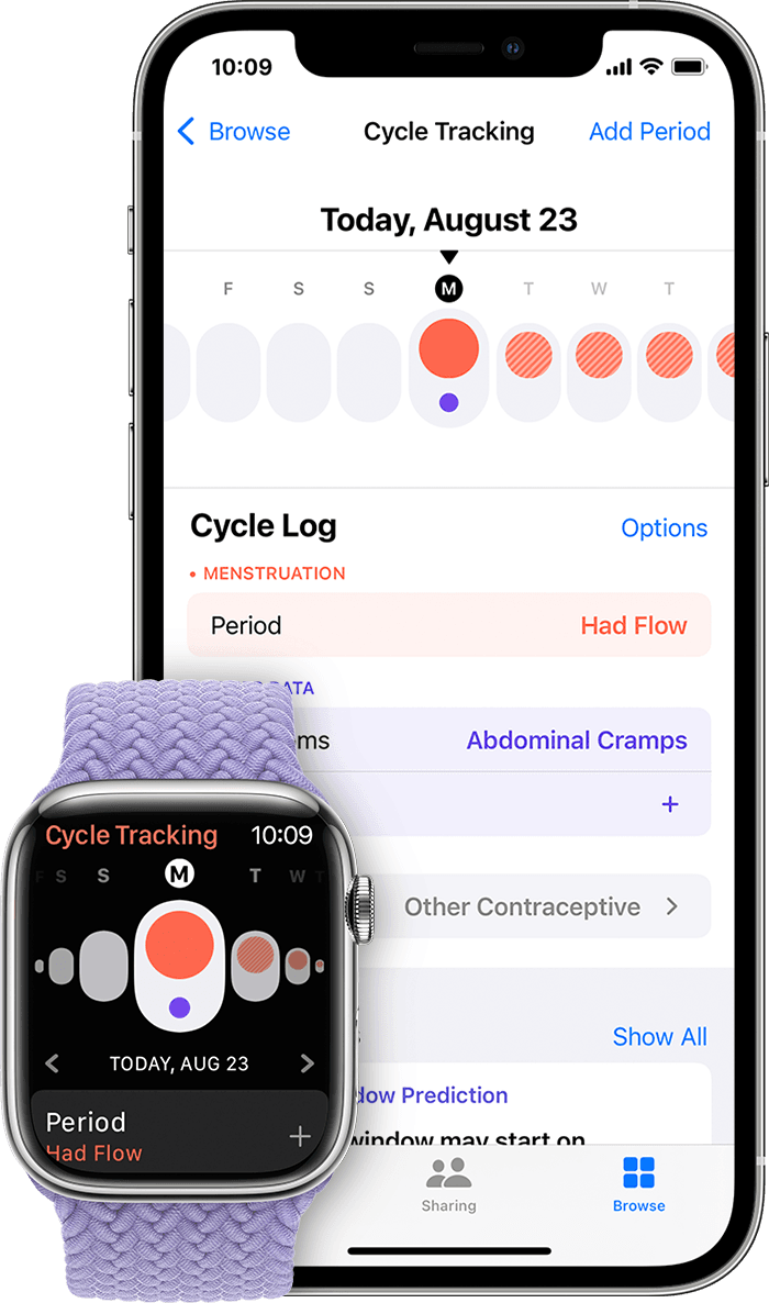 Приложение «Отслеживание цикла» на Apple Watch и приложение «Здоровье» на iPhone
