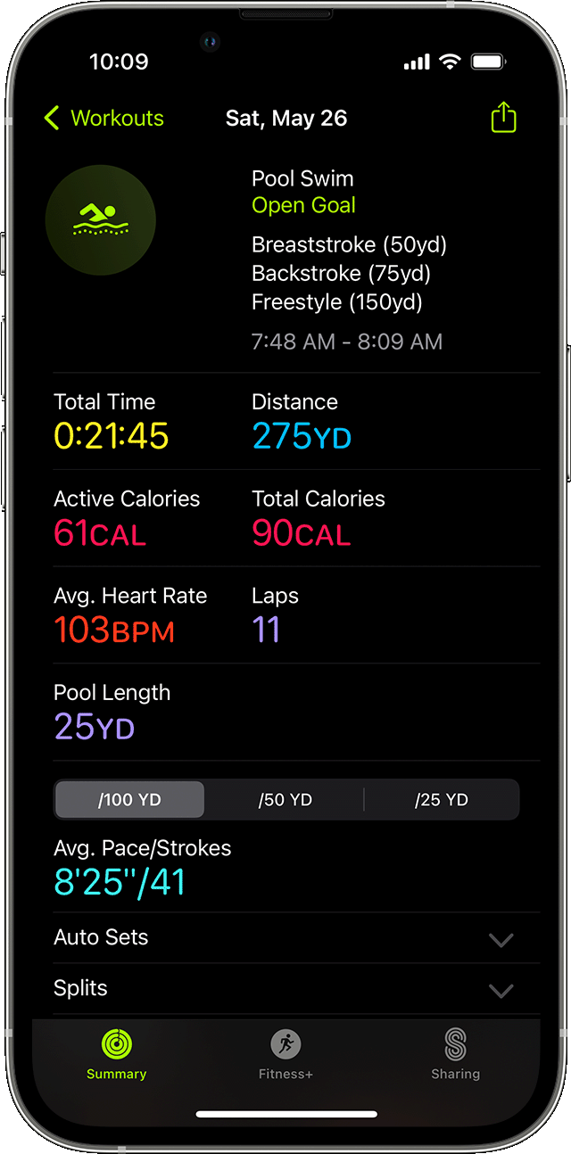 The summary details of a Pool Swim workout in the Fitness app on an iPhone.