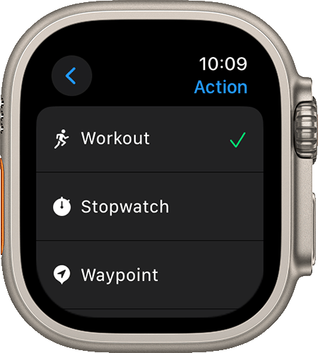 Apple Watch Ultra showing the Action screen and various settings