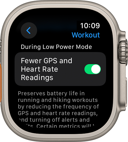 Workout settings screen on Apple Watch displaying the Fewer GPS and Heart Rate Readings setting