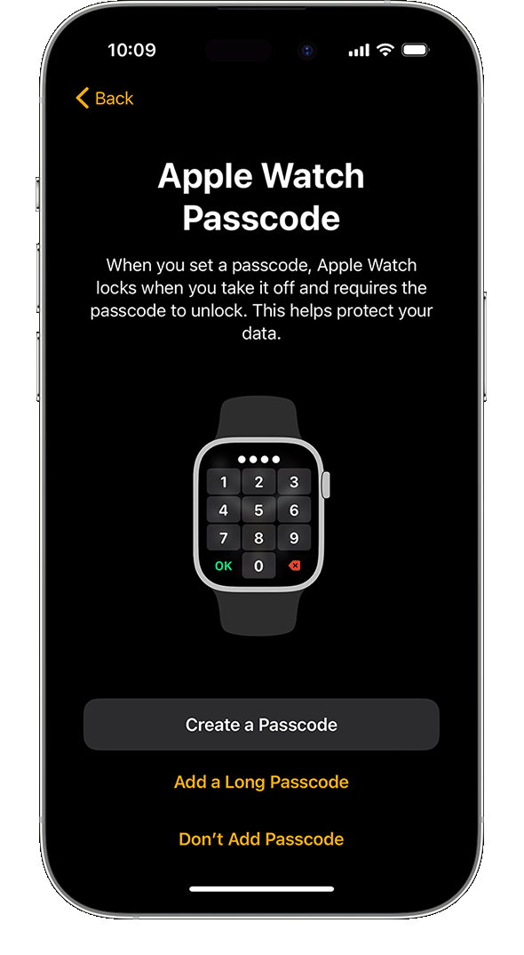 iPhone showing Apple Watch passcode setup screen