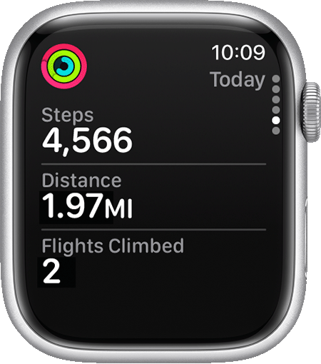 Aktuelle Werte für Schritte, Strecke und Treppensteigen in der Aktivität-App auf der Apple Watch.