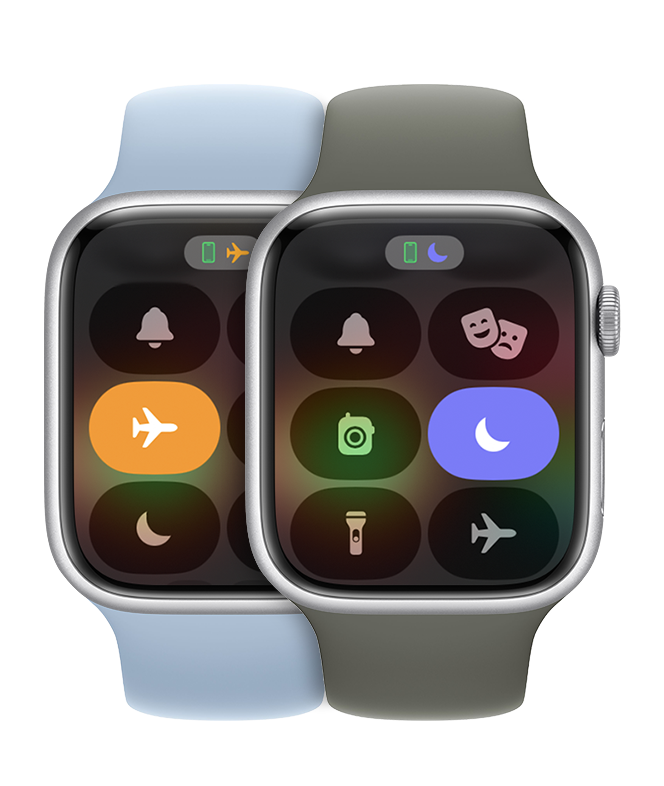 Apple Watch met 'Niet storen' ingeschakeld en een andere Watch met 'Vliegtuigmodus' ingeschakeld