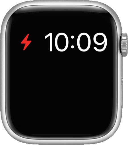 В верхней части экрана Apple Watch отображается значок низкого уровня заряда аккумулятора