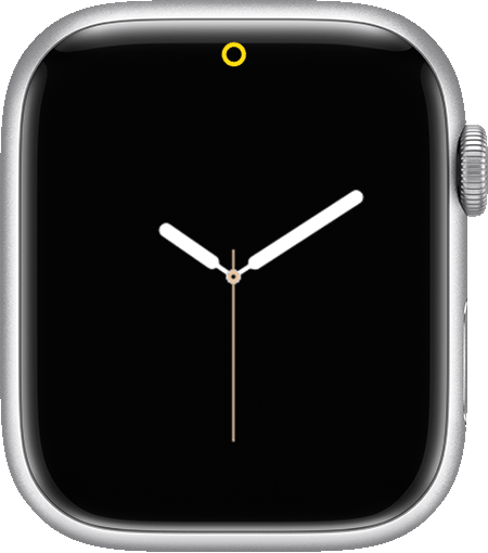 Η πρόσοψη ενός Apple Watch στην οποία εμφανίζεται το εικονίδιο με έναν κίτρινο κύκλο που υποδεικνύει τη Λειτουργία χαμηλής ισχύος