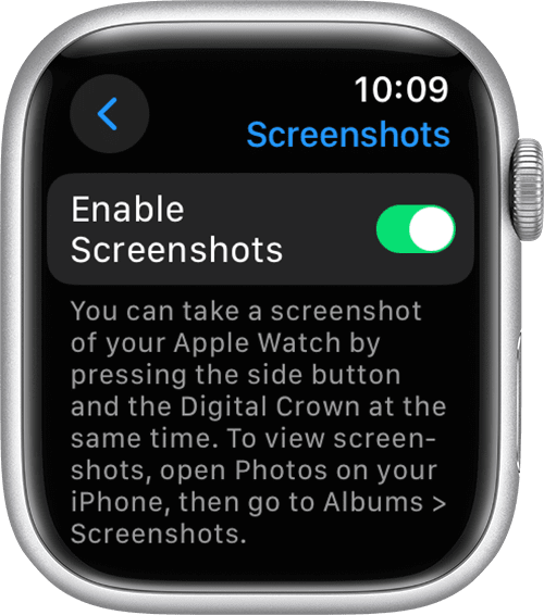 Enable Screenshots setting in Apple Watch Settings app