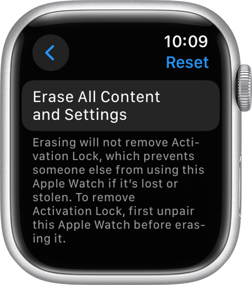 Erase All Content and Settings button in Apple Watch Settings